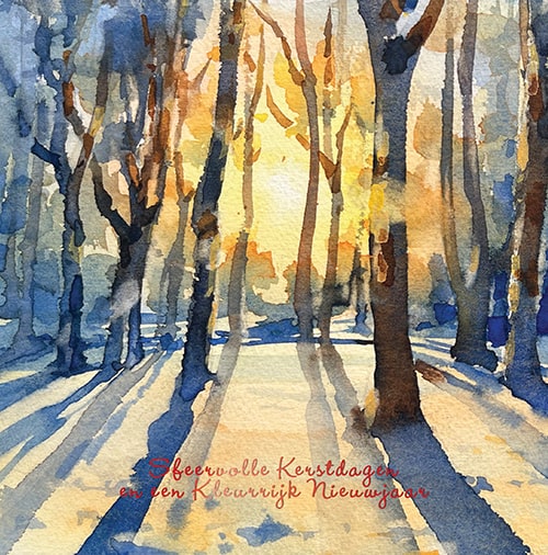  Kunst Kerstkaarten aquarel van bos in de winter met stralende zon