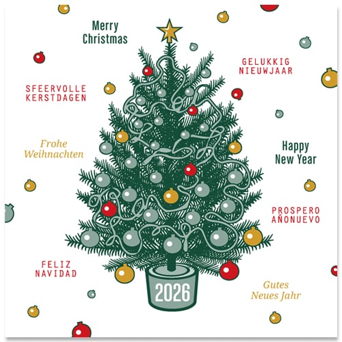 kerstkaart KWF, 2025 groene kerstboom met rode en goudkleurige ballen