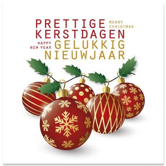 Kerstkaart met als goed doel KWF, rode kerstballen.