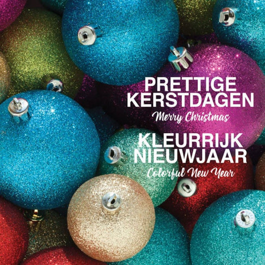 Kerstkaart met als goed doel KWF, kleurrijk glinsterende kerstballen