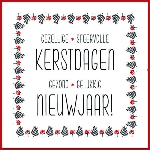 Kerstkaart in rood, zwart en wit met kerst takjes