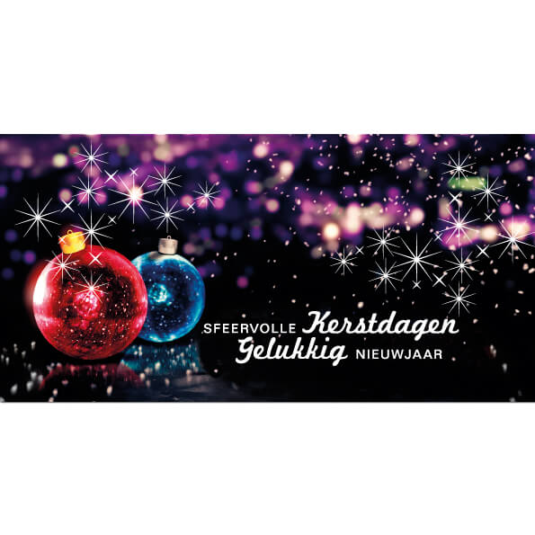 kerstkaart Make-a-Wish, kerstbal rood en blauw.