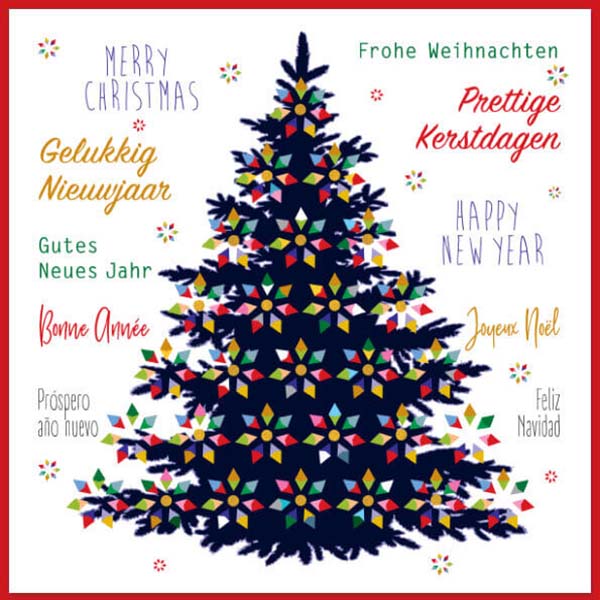 kerstkaart voor Make-a-Wish, Kleurrijke kerstboom met goudfolie.