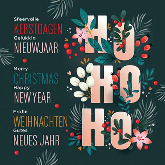 internationale kerstkaart Ho ho ho en kersttakken