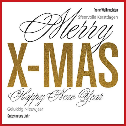 kerstkaart met X-mas in goud.