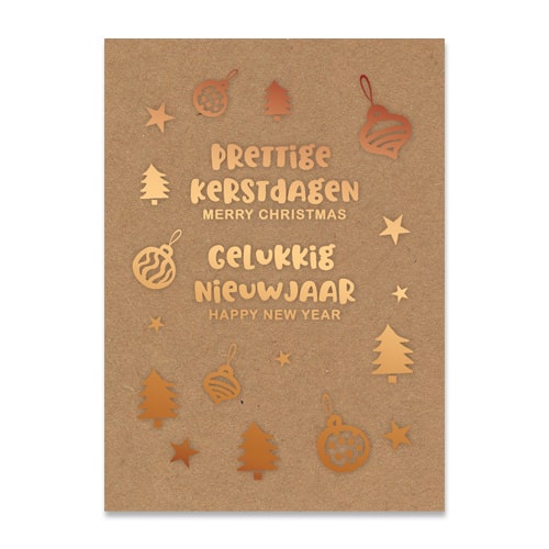 Kerstkaarten klein, kerstwens helemaal in foliedruk op kraft karton