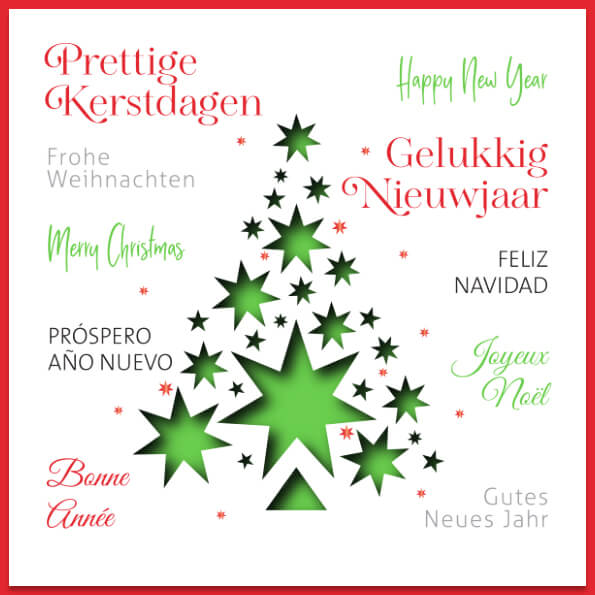 Kerstkaart met kerstboom en sterretjes en roodfolie
