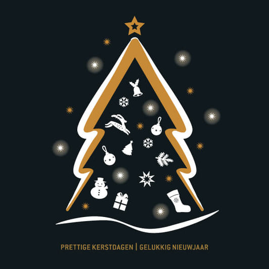 Kerstkaart kerstboom in zwart, goud en wit, moderne kerstkaart
