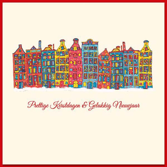 Kerstkaart met als goed doel het Rode Kruis, vrolijke huisjes