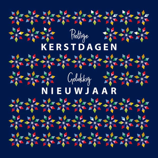 Kerstkaart Rode Kruis Nederland met sterren op donkerblauw.