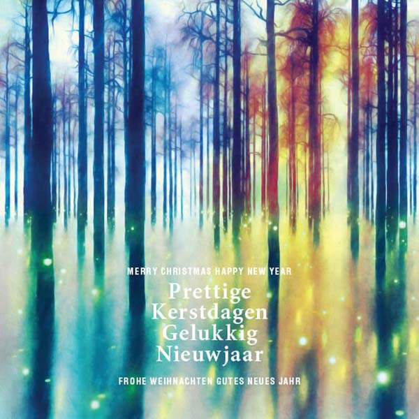 Kerstkaart goed doel Rode kruis, kunst winterbos