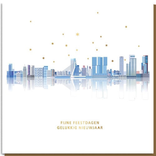 Kerstkaart Rotterdam skyline en sterren van goud 