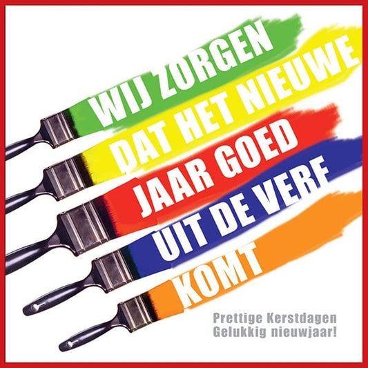 kerstkaart met verfkwasten in felle kleuren, voor schildersbedrijf