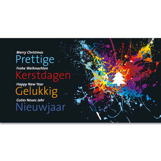 Liggende kerstkaart voor schildersbedrijf, in Engels, Duits en Nederlands