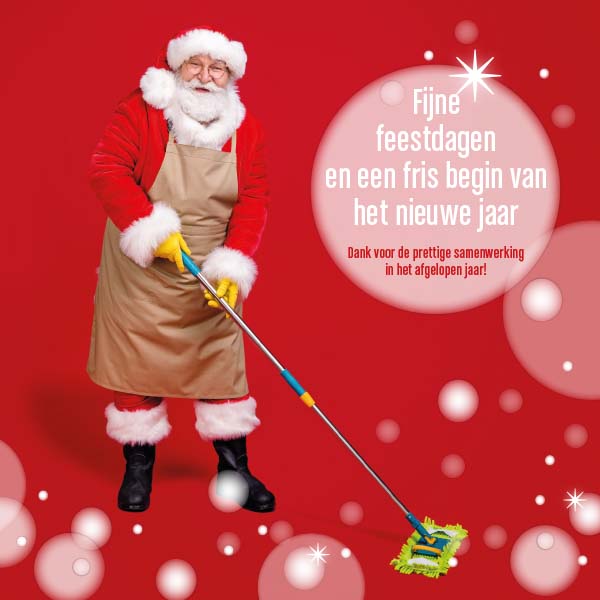 kerstkaart schoonmaak branche, vrolijke kerstman