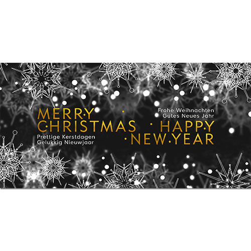 Kerstkaarten stijlvol in goud en zwart wit sneeuw vlokjes