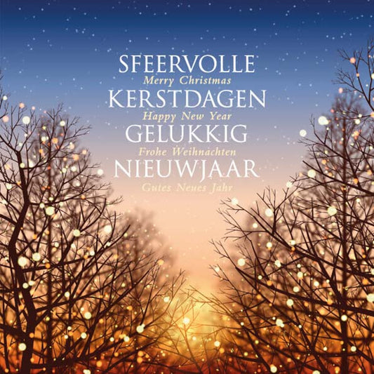 Kerstkaart met sfeervolle winterlucht en kale bomen.