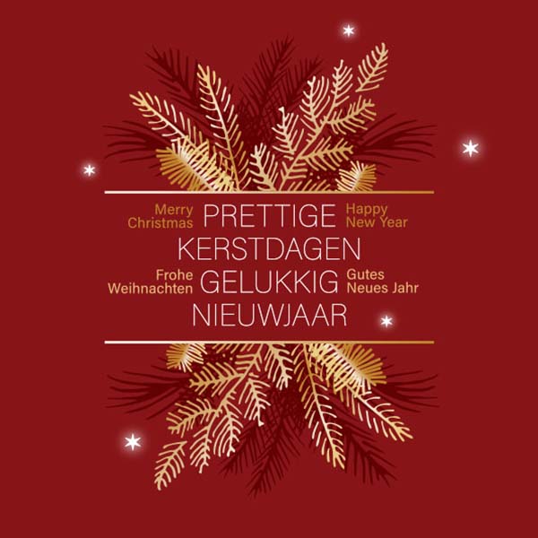 Zakelijke kerstkaart met stijlvolle kersttakken in donker rood en goud