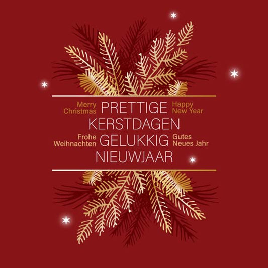 Zakelijke kerstkaart met stijlvolle kersttakken in donker rood en goud