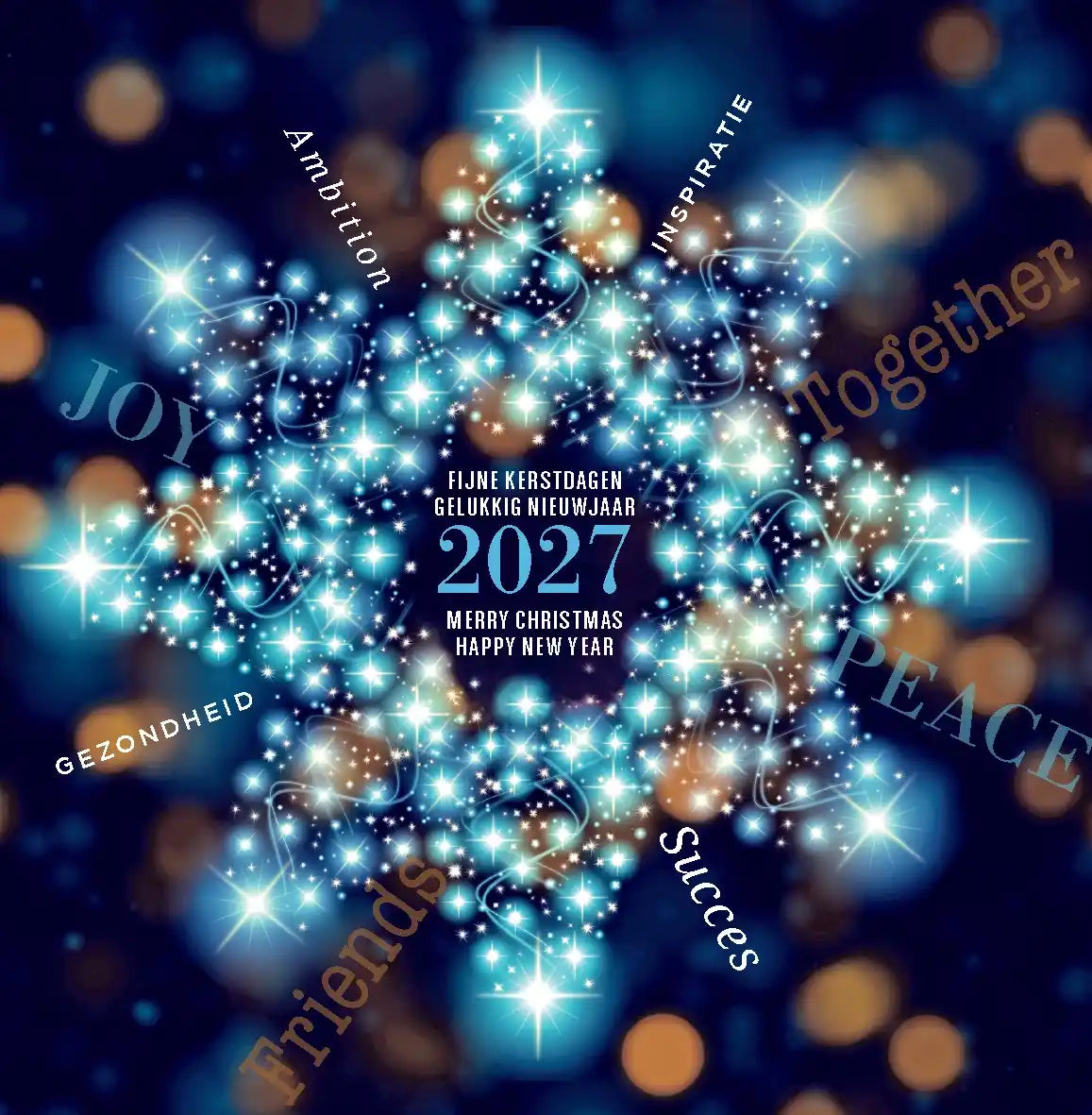 Kerstkaart 2027 schitterende sterretjes in blauw en oker goud