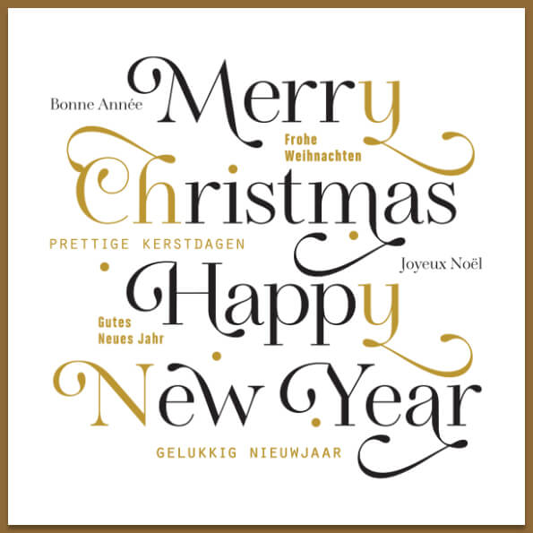 kerstkaart met sierlijke kerstwensen in meerdere talen, goud en zwart
