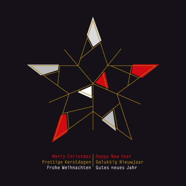 kerstkaart met abstracte ster in rood, zwart en goud