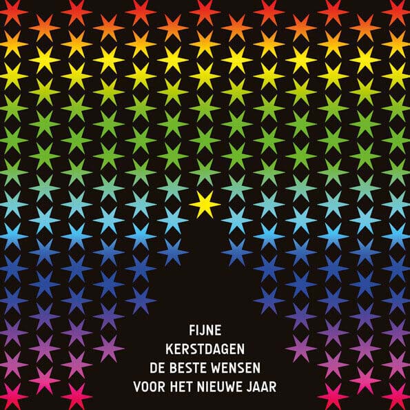 kerstkaart met kleurrijke sterren in regenboogkleuren