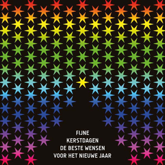kerstkaart met kleurrijke sterren in regenboogkleuren
