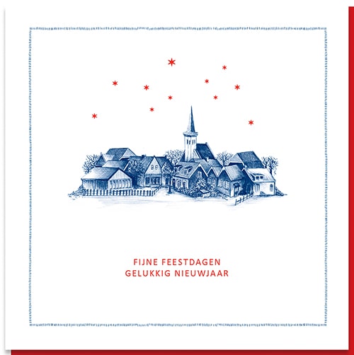 Kerstkaart platteland dorpje met sterrenhemel
