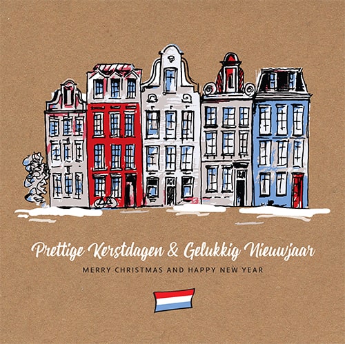 Kerstkaart tekening huizen grachtenpanden in  winter, Nederlandse vlag