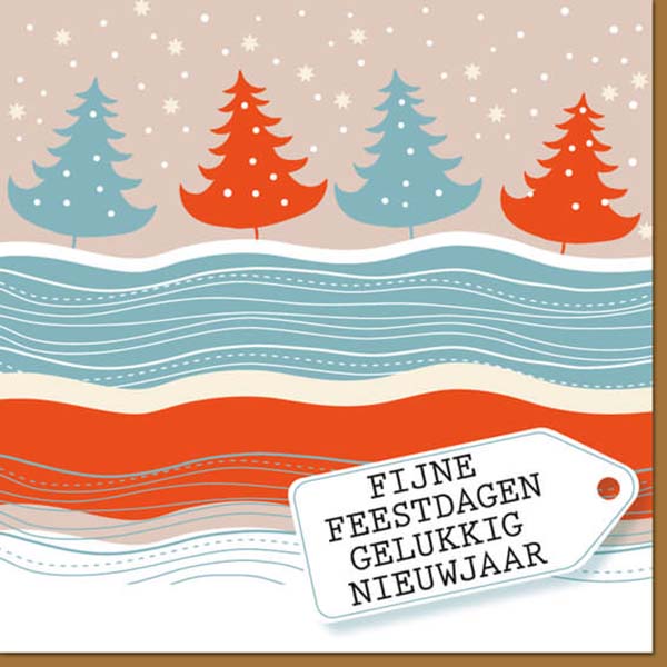 Kerstkaart getekend winterlandschap met kerstbomen.