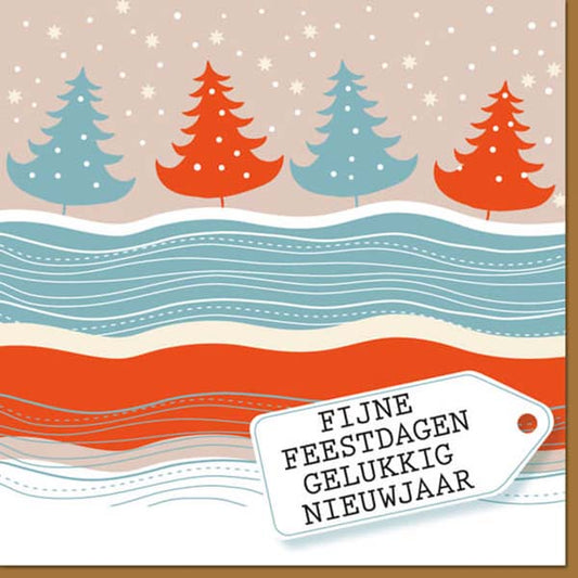 Kerstkaart getekend winterlandschap met kerstbomen.