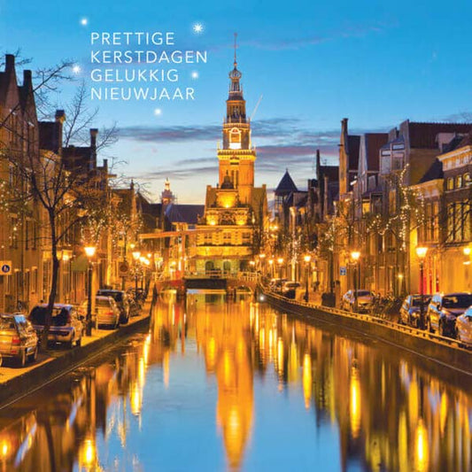 Kerstkaart Alkmaar, zicht op de Waag vanaf het water