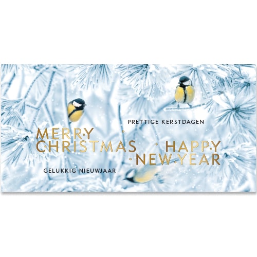 Kerstkaart bomen onder de sneeuw met vogeltjes koolmeesjes