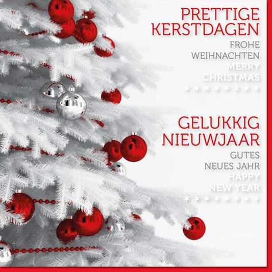 Kerstkaart internationaal in rood, wit en zwart met kerstboom.