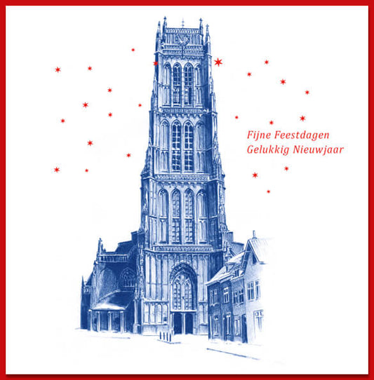 Kerstkaart Zaltbommel, tekening Bommelse Toren