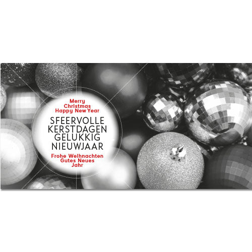 kerstkaart glimmende schitterende kerstballen in zilver, liggend