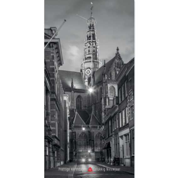 Haarlemse kerstkaart met  zwartwit foto Grote of Sint Bavokerk 