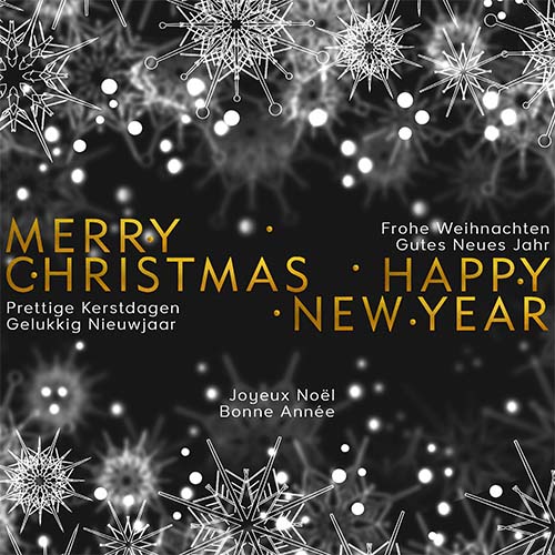 Kerstkaart IJssterren in zwart wit en goud, internationale wensen