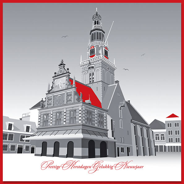kerstkaart Alkmaar waag in rood zwart
