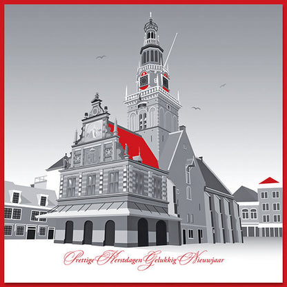 kerstkaart Alkmaar waag in rood zwart