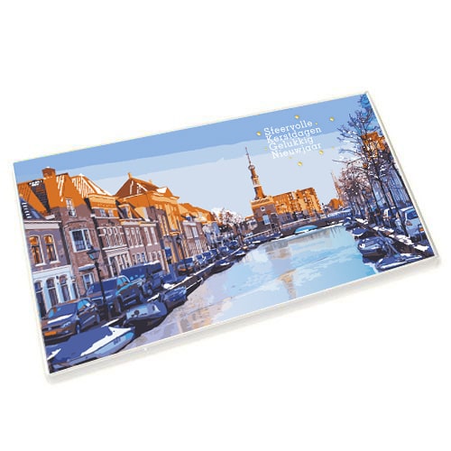 Luxe kerstkaarten Haarlem prachtige illustraties Molen de Adriaan aan het Spaarne en Grote Markt met Bavokerk