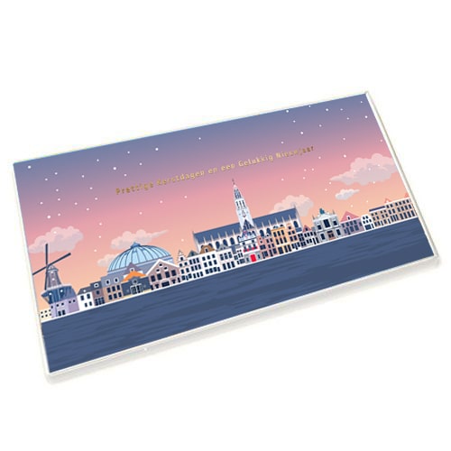 Haarlemse kerstkaarten (6ex) skyline Haarlem met Koepel, Molen de Adriaan, Bavokerk en Teylers Museum