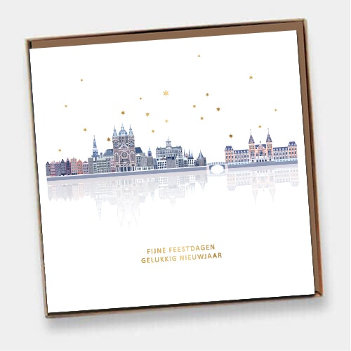 Kerstkaarten Amsterdam (6ex) met skyline; Rijksmuseum, de Schreierstoren en meer