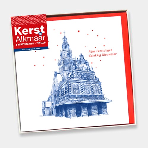 6 kerstkaarten Alkmaar met blauwe pentekeningen van Waag, Accijnstoren en kerk.