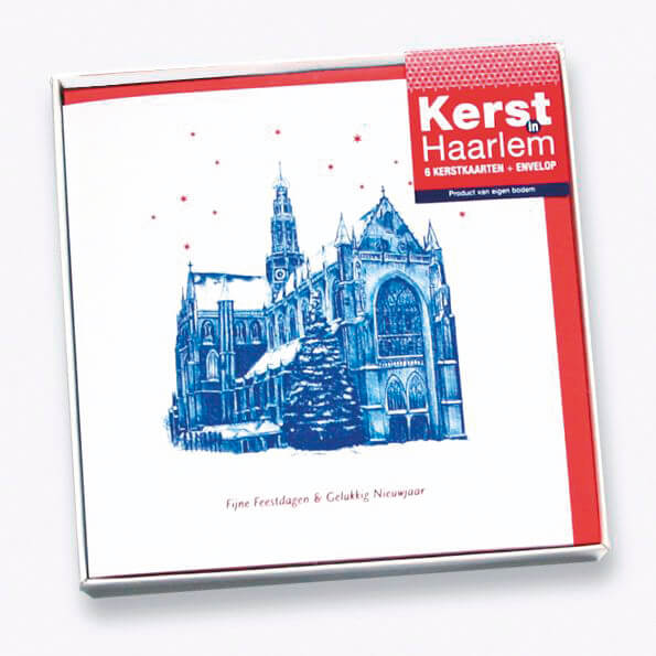 Kerstkaarten set Haarlemse kerstkaarten met blauwe pentekeningen, Bavokerk, Coster en Adriaan