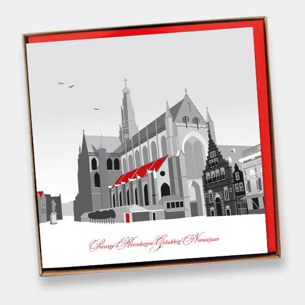 Kerstkaarten set Haarlem Bavokerk + molen Adriaan in rood en grijs