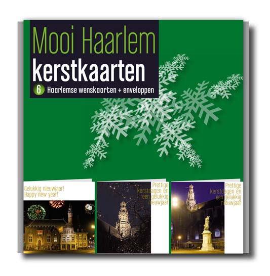Kerstkaartenverpakking Haarlem, 6 kerstkaarten, Coster, vuurwerk en Bavokerk