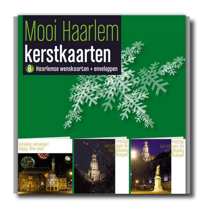 Kerstkaartenverpakking Haarlem, 6 kerstkaarten, Coster, vuurwerk en Bavokerk