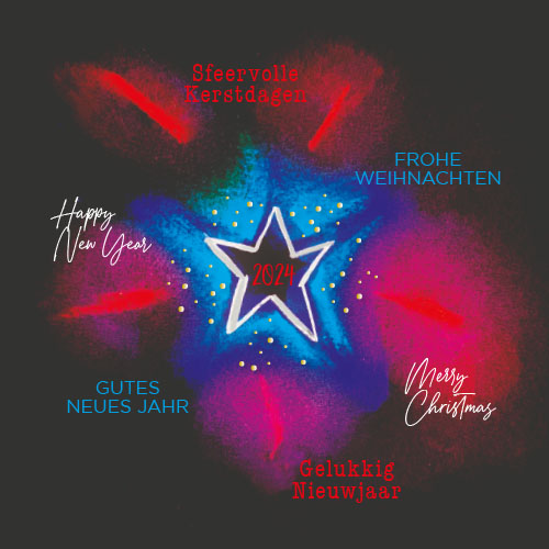 Kerstkaart Stralende ster in de nacht, felle kleuren en zilver